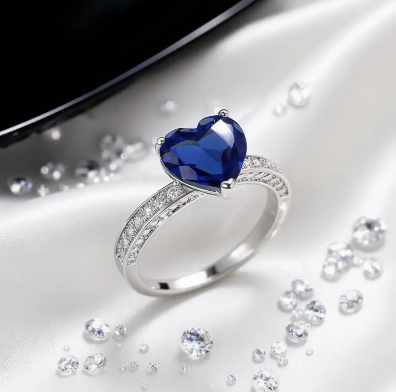 Women's Heart Shape Blue Sapphire Engagement Ring - 925 Silver Elegant Silver Rings with Pave Setting, Romantic Style for Special Occasions Q186