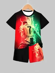Kids Cristiano Ronaldo No.7 Red-Green Gradient Flame Print Short Sleeve & Shorts Casual Loungewear Set
