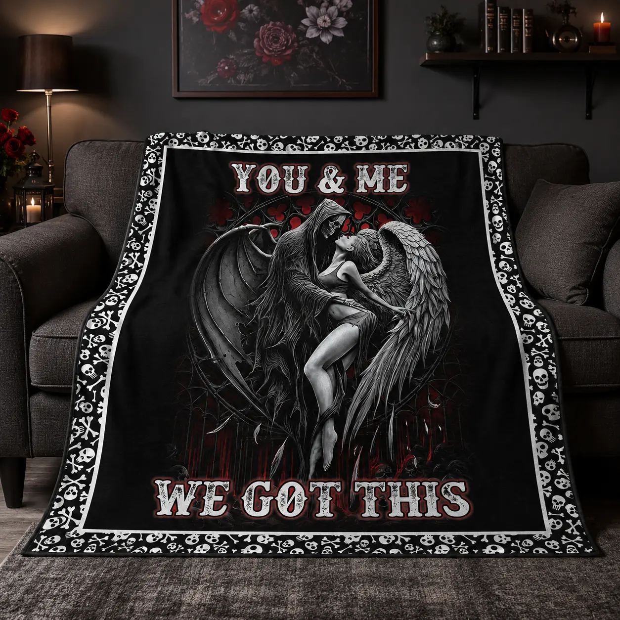 Gothic Couple Flannel Blanket, You & Me We Got This Grim Reaper and Angel Throw, Soft Cozy Dark Romance Gift for Couples, Couch Bed Decor