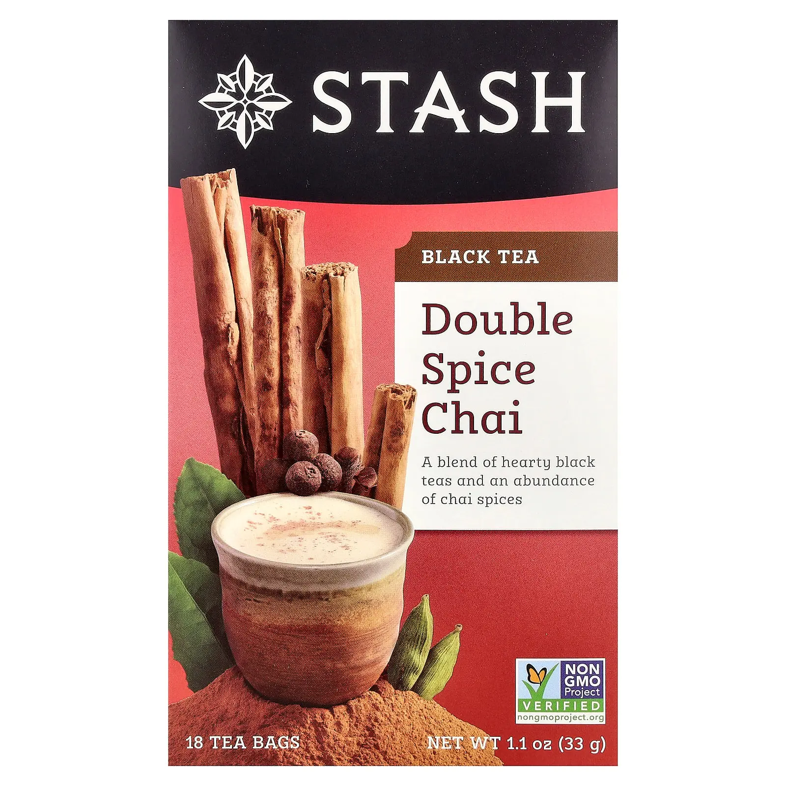 Stash Tea Black Tea, Double Spice Chai, 18 Tea Bags, 1.1 oz (33 g)