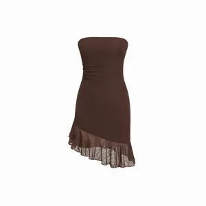 Cider Lace Texture Ruched Ruffle Bandeau Mini Dress