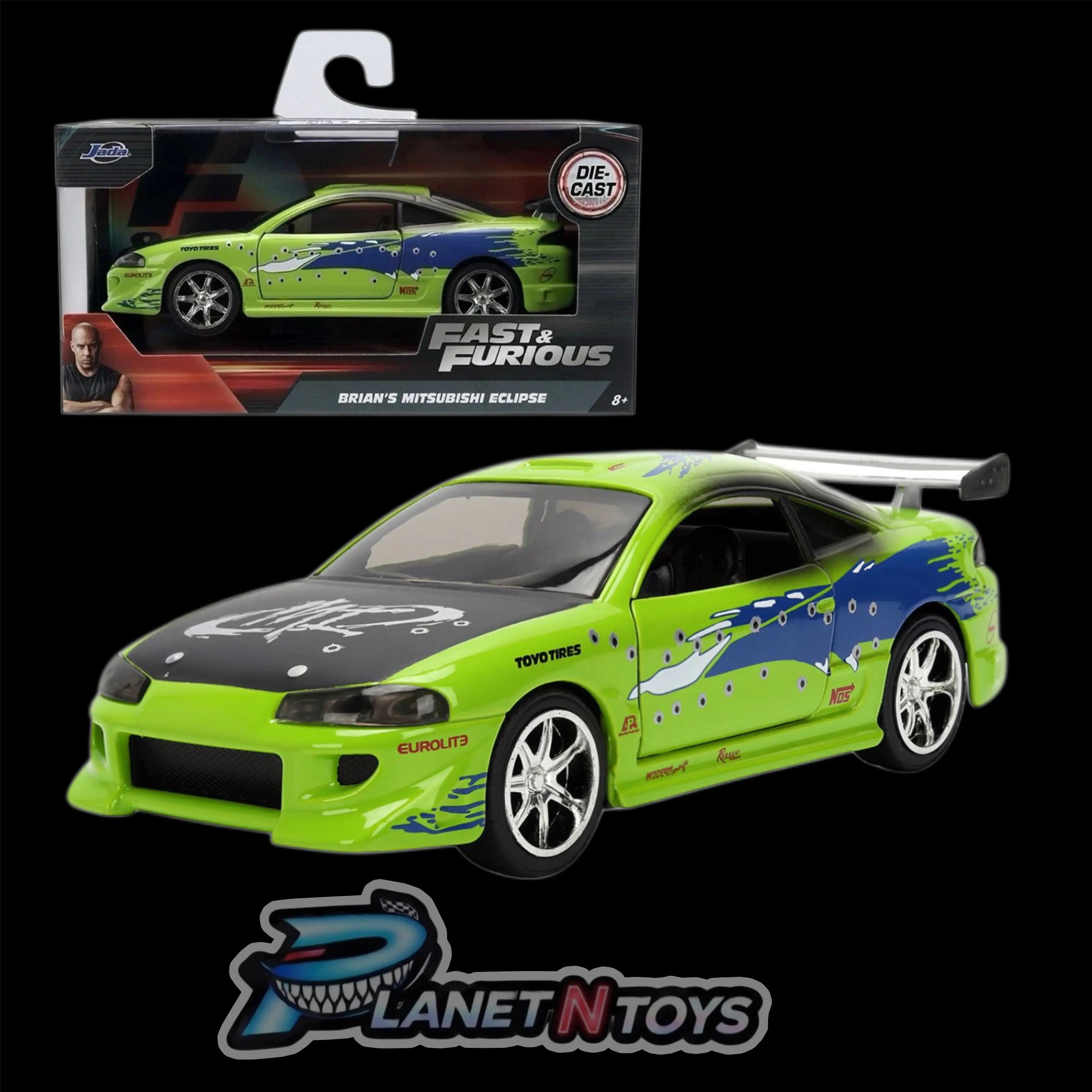 Fast and the Furious Brian's 1995 Mitsubishi Eclipse Damaged Glossy Green 1:32 Scale Die-Cast Metal Vehicle