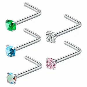 ORELLE 20G(0.8mm)L-Shaped Surgical Stainless Steel Diamond Studs for Women & Men - Corkscrew Nose Rings.Piercing Jewelry 5pcs