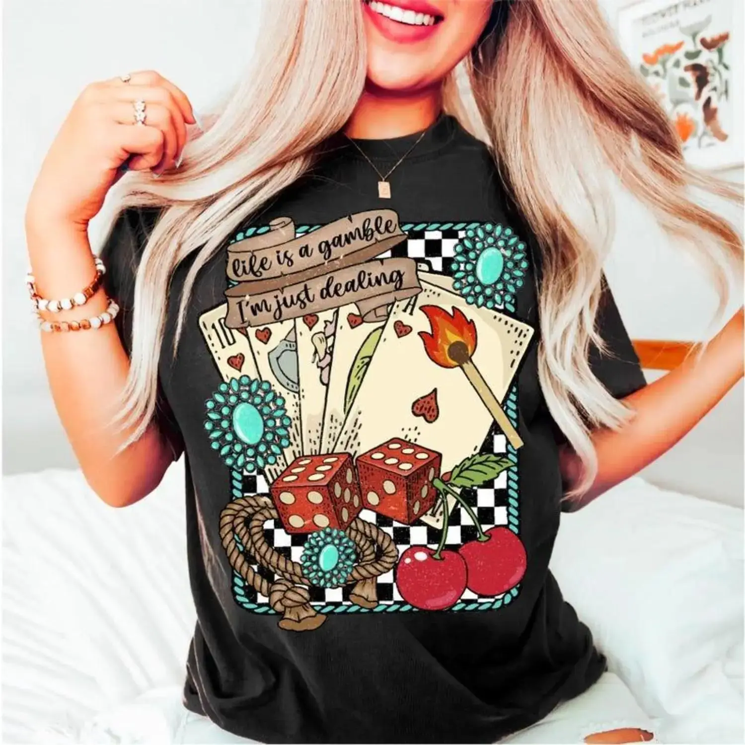 Women's Short Sleeve Retro Turquoise Western T-Shirt - Lady's Country Concert Top, Cowboy Graphics, Breathable Fabric, Long-Lasting, Casual Round Neck, Streetwear, Wild West, Western Style