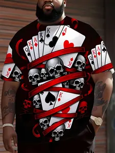 Men's Short Sleeve T-Shirt with Poker Card and Skull Print Pattern, Perfect for Streetwear, Street Style and Parties, Plus Size Available