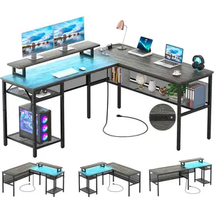 Homieasy L Shaped Computer Desk with Magic Power Outlets and Smart LED Light, Reversible 55 Inch Corner Office Desk with Monitor Stand, Unique Grid Design, Gaming Table with Storage, Oak