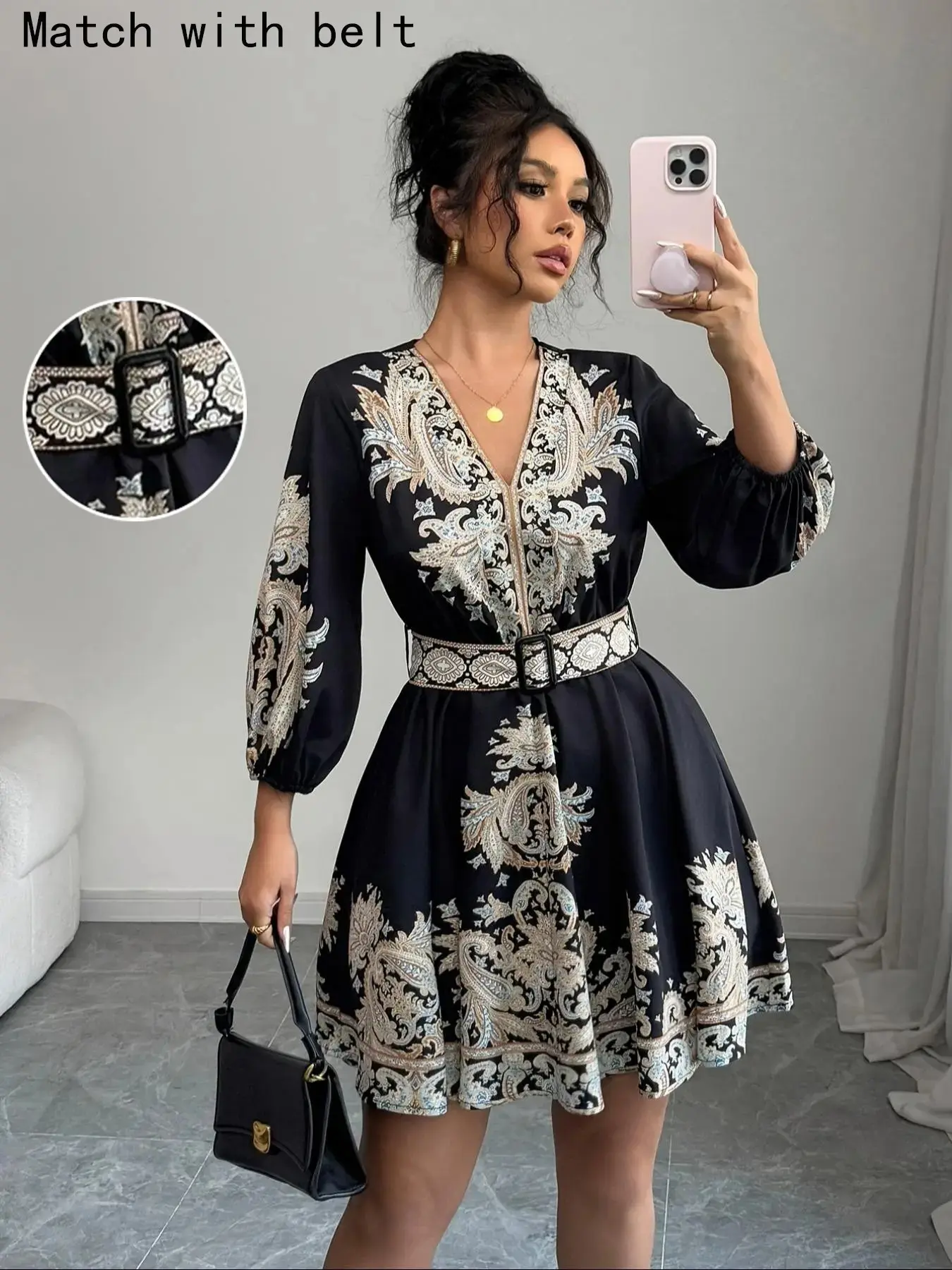 Women's dress, Womenswear, ethnic print/retro Baroque style, V-neck X-shaped waist cinched A-line short dress, women's retro print long sleeved waist cinching dress, suitable for theme parties, retro style gatherings (with belt)