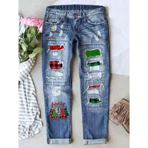 Christmas tree print denim jeans, faded hole design, patches, cat ear details, elastic waistband, all season casual pantsRAIMENTRY