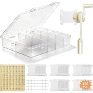 Embroidery Floss Organizer,  Stitch Thread Storage Box with Removable 14 Compartments Embroidery Thread Organizer Includes 120 Plastic Bobbins, Stickers, Bobbin Winder for DIY Sewing Crafts