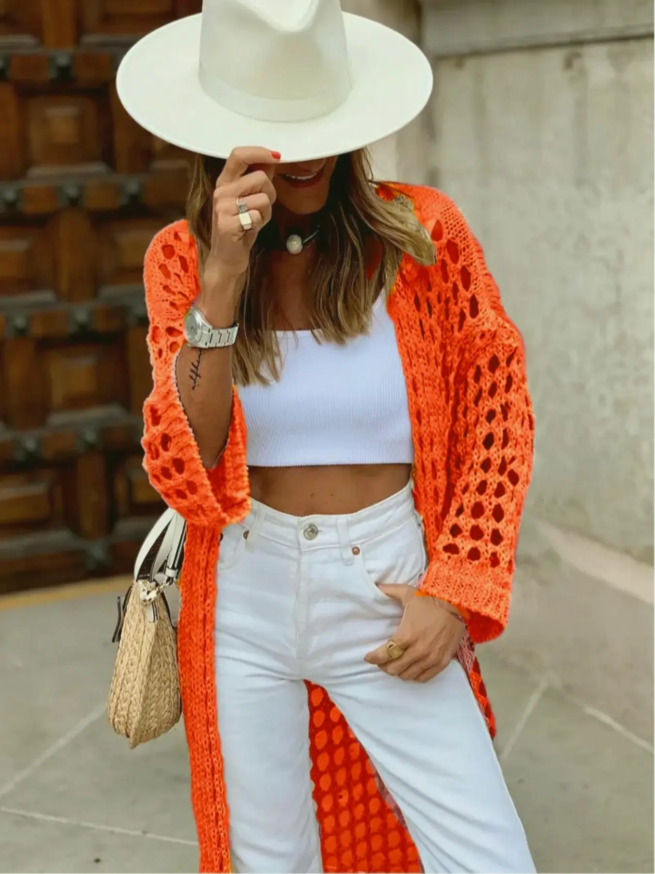 Women's Solid Color Hollow-Out Loose Fit Knit Cardigan, Knitwear Fashion Casual Basic Long Sleeve Open-Front for Spring and Fall Daily Wear