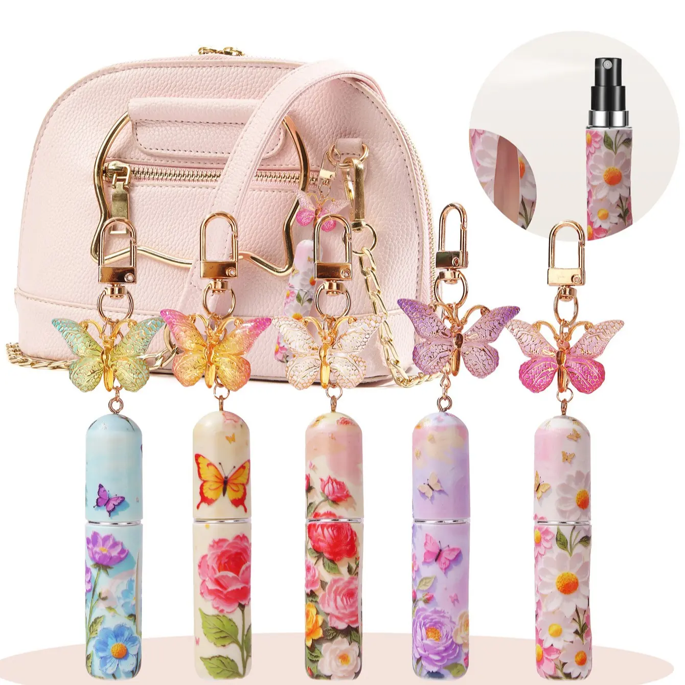 Reusable Floral Perfume Refillable Bottle with Butterfly Pendant, Powder Color Appearance, Travel Essential Oil Container, Bag Charm Gift