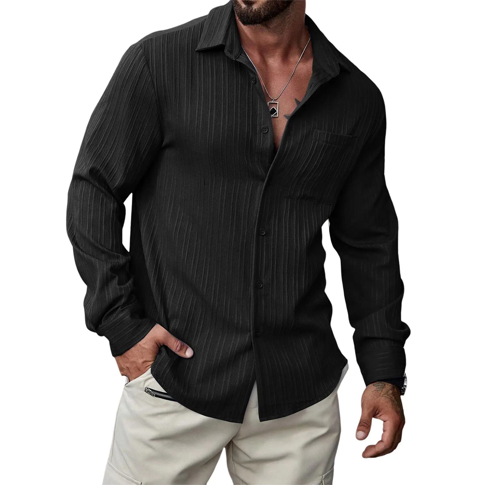 Men's Button Down Dress Shirts Textured Long Sleeve Casual Hawaiian Beach Shirt with Pocket
