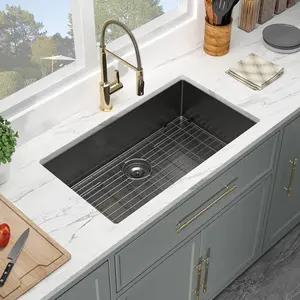 Kichae 30 Inch Black Undermount Kitchen Sink - 30" × 19” Undermount Sink 18 Gauge Gunmetal Black Stainless Steel Deep Handmade Single Bowl Sink Basin