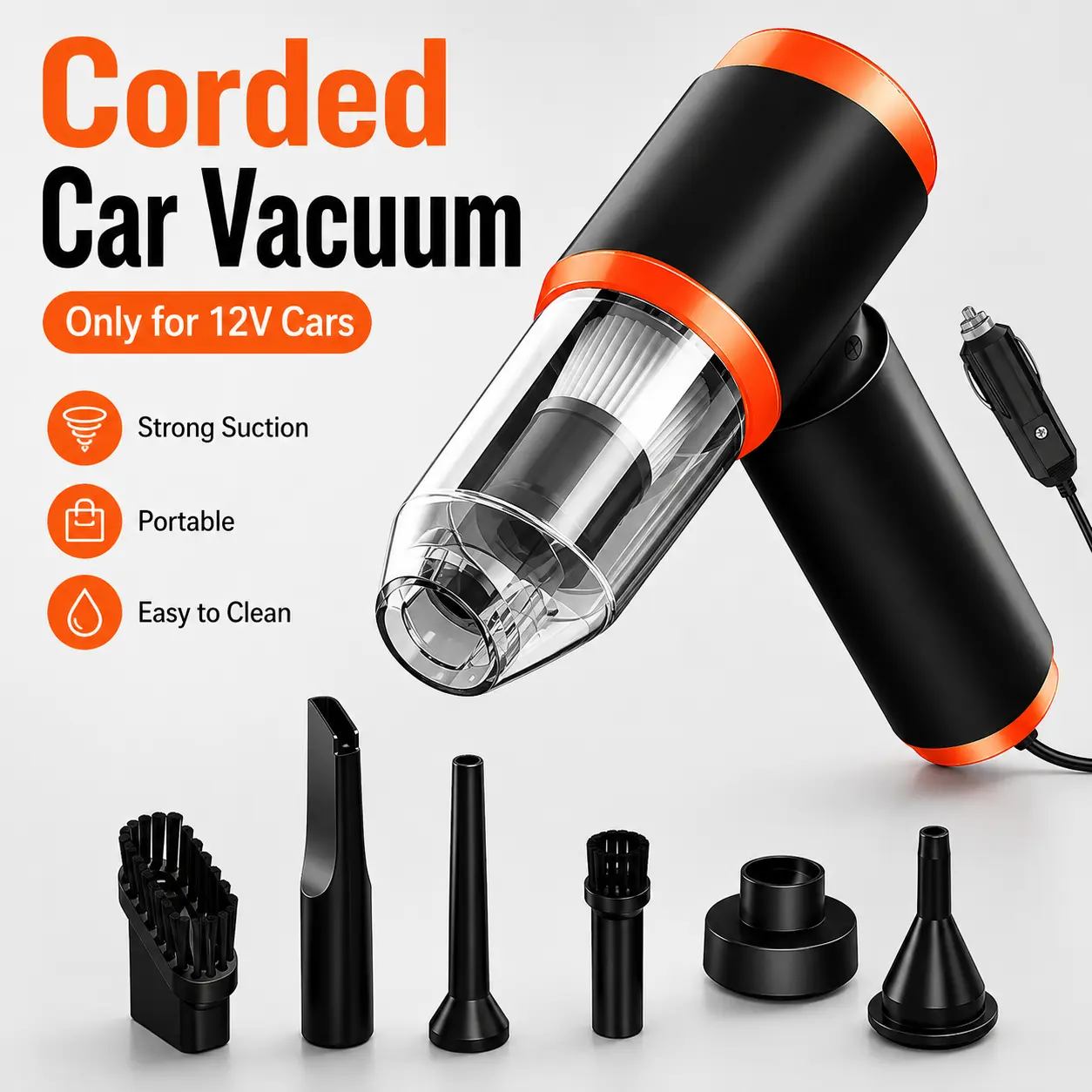 12V Corded Portable Car Vacuum, Car Accessories for Quick Cleaning of Seats, Mats, Tight Gaps