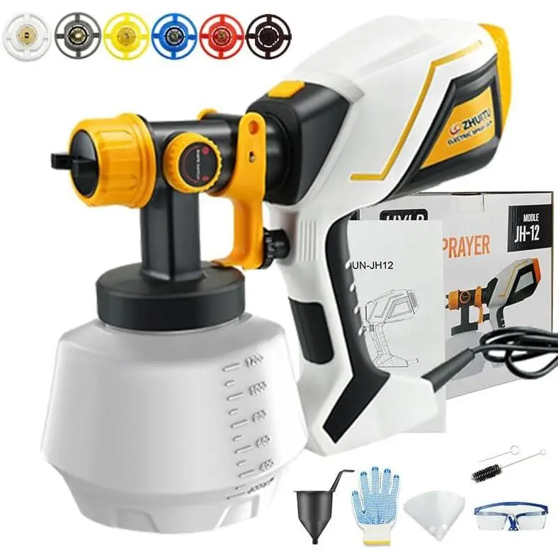 ZHUITU Paint Sprayer 1000W HVLP Electric Spray Paint Gun with 6 Copper Nozzles and 3 Spray Patterns 1200ML High Capacity Container for Furniture, Fences, Walls, Garage Doors (Yellow) latex paint pain pintura  en  aerosol lirun yer tils tool machine spray