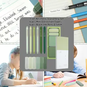Aesthetic Stationery Set Supplies Sticky Notes Set 6 pcs Mini Correction Tapes 6 pcs Retractable Black Ink Pens 0.5mm Fine Point Paper Corrective Pen Self Stick Index Tabs(Green)