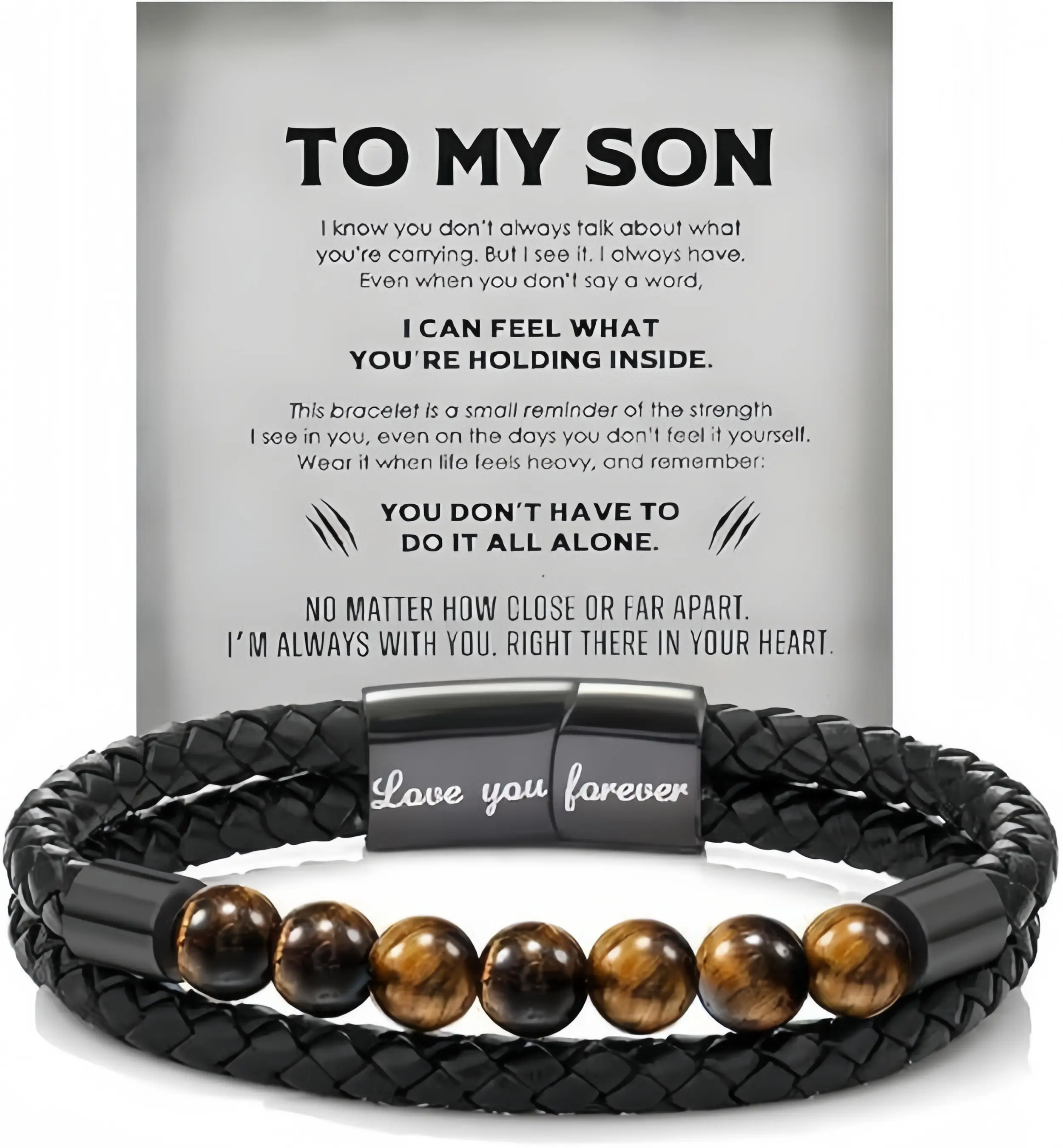 Men's Braided Leather Bracelet for Son with Tiger Eye Beads, Personalized Milestone Graduation Gift, Sentimental Keepsake with Message Card, Casual, Coming-Of-Age, Gift For Your Son, Daily, Male, Meaningful Gifts