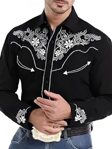 Men’s Fashion Western Embroidered Printed Shirt, Unique Black & White Pattern Design, Creates a Stylish Casual Look for Men, Casual Wear, Polyester Fabric, High-Quality Texture, Suitable for Gifting, Traveling Menswear Top longsleeveshirt v neck shirt