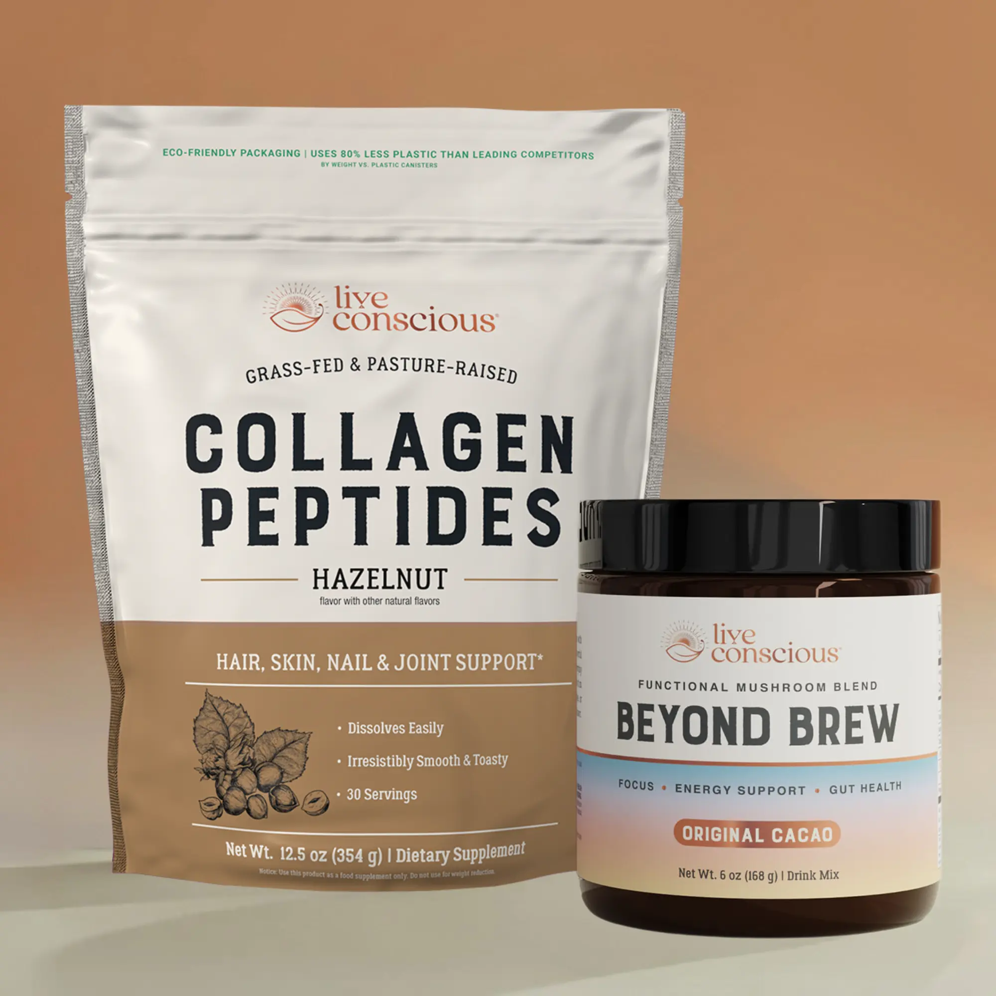 Live Conscious Morning Ritual - Collagen Peptides + Beyond Brew - Collagen Types I & III, 6-in-1 Adaptogenic Mushroom Blend