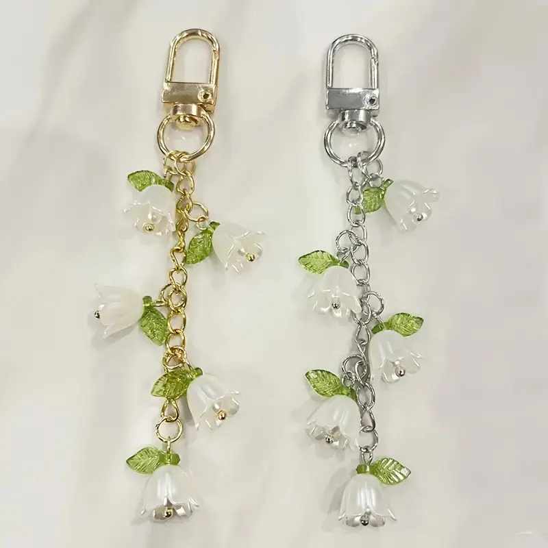 2Pcs Y2K Goth Style Imitation Pearl Lily of the Valley Keychain, Tassel Floral Key Ring, Backpack Bag Charms, Car Key & Earphone Case Pendant, Birthday Party Gift for Teen Girls & Ladies