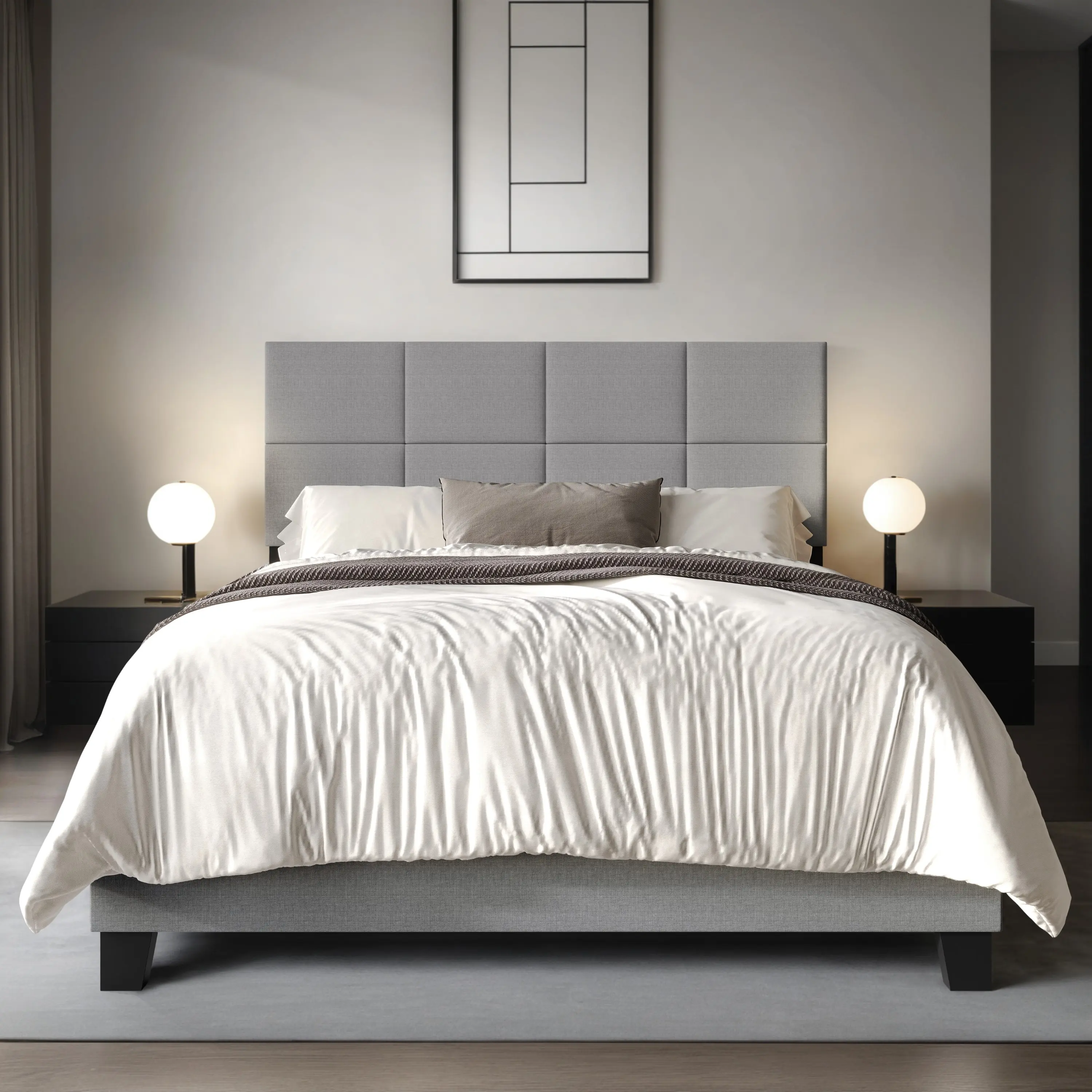 Favorer Lufkin Upholstered Panel Bedroom Bedframe - Modern Contemporary Bed, Box Spring Required for Full Size & Queen Sized Box Spring Bed Frames, Queen Sized Bed Frame