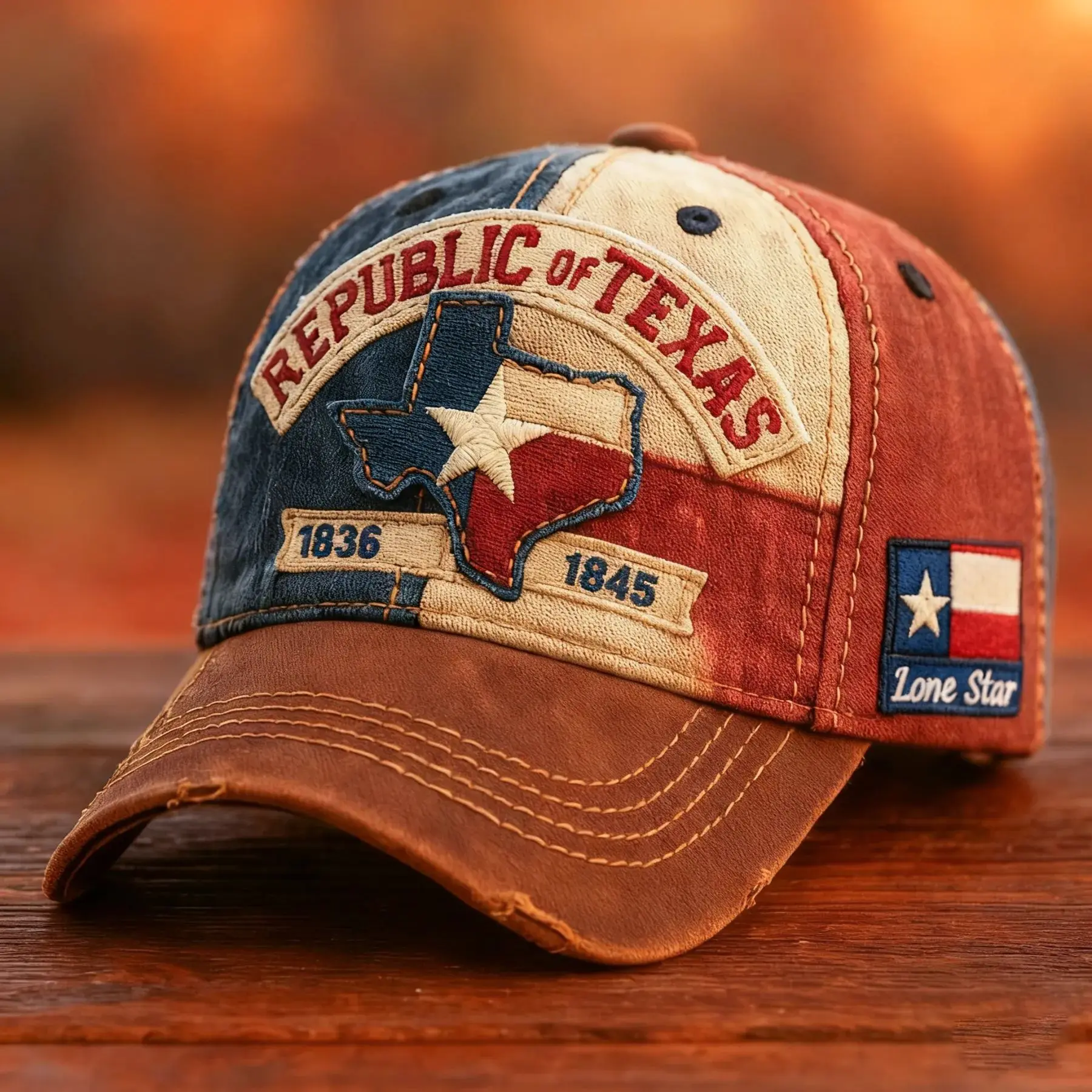 Vintage Texas Flag Style Baseball Cap | Texas Republic Embroidered State Border Outline 1945 Series, Individual Badge, Distressed Look, Blue Cream and Red Segments, Brown Brim, Perfect for Vintage Texas Fans and Outdoor Enthusiasts.