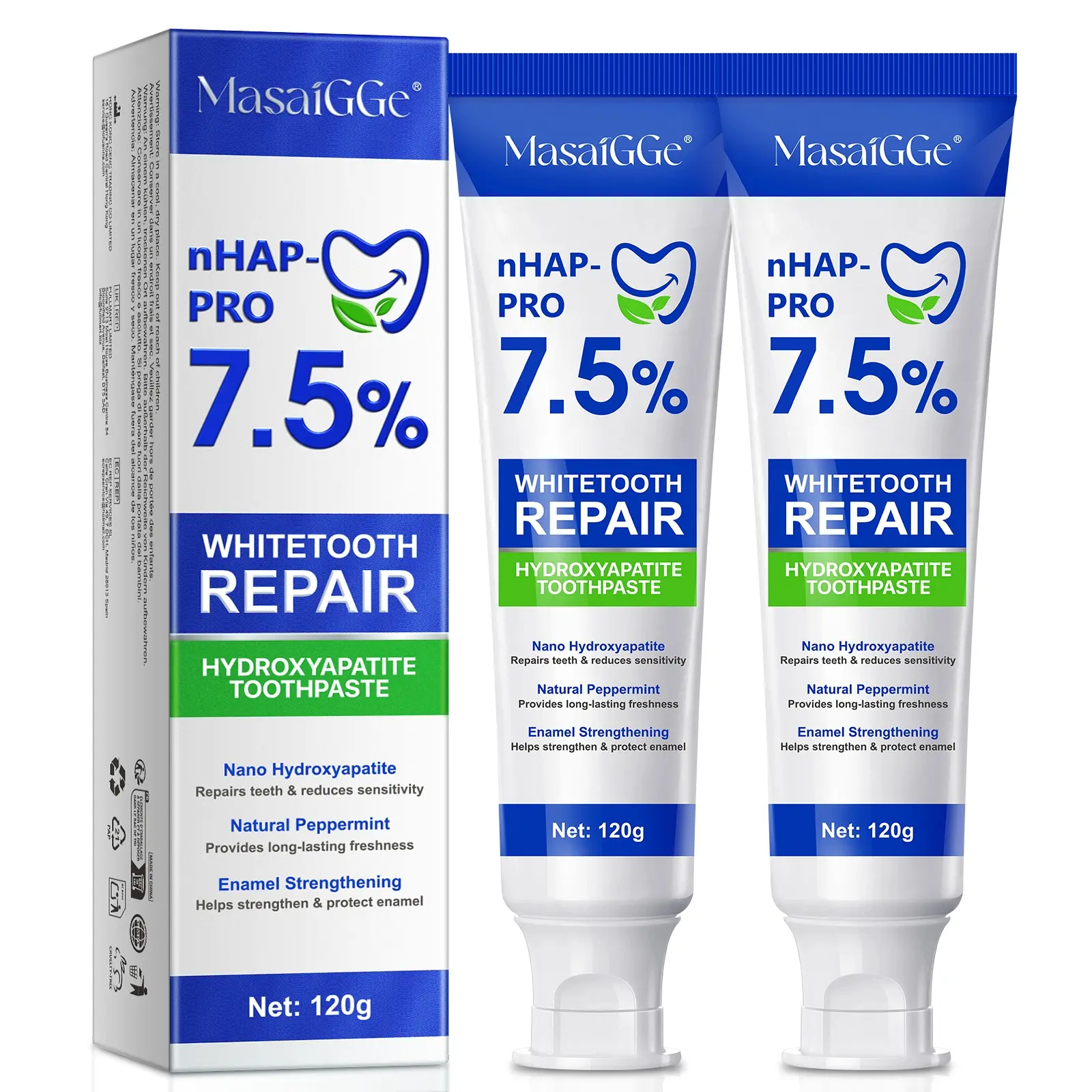 Maisagge Hydroxyapatite Bright White Toothpaste 120g, Gentle Effective Toothpaste, Brightening Toothpaste, Comfortable Brushing Experience, Fresh Scent, Efficient Cleaning, Protects Enamel, Gums Care