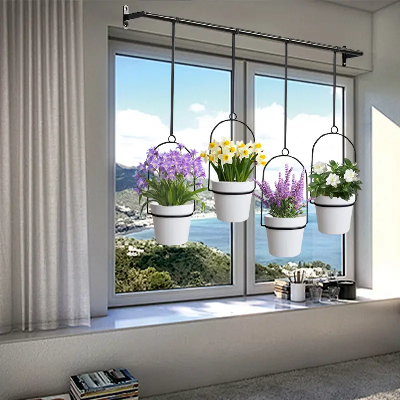 Black Metal Adjustable Hanging Planters Set with 4 Plastic Flower Containers - Plant Decor, Nylon Rope Wall/Ceiling Herb Holder, 11.8"-18.1" Expandable Slide-out Cabinet Drawer & Pot/Pan Storage Rack, Flower Pots & Planters for Container Gardening, Hangin
