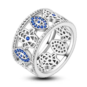 LAZA Evil Eye Hamsa Protection Ring for Women, S925 Silver Plated, Blue CZ Wide Band Ring, Spiritual Amulet Jewelry, Good Luck Hand of Fatima Ring, Boho Statement Ring for Girls