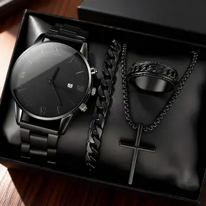 Men's 4-Piece Plain Business Fashion Watch & Jewelry Set - Premium Stainless Steel Round Dial Wristwatch with Matching Bracelet, Necklace, Ring, Ideal for Casual & Formal Looks, BF Gift for Party Gifting, Round Dial Watch