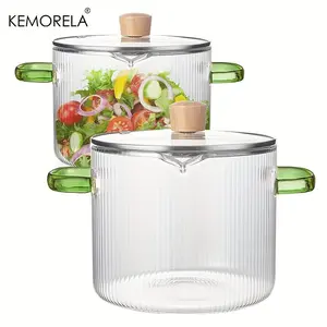 Glass Cooking Pot Set with Lid, 2 Counts/set Transparent Glass Pot with Double Handle, Kitchen Cookware for Noodles, Pasta, Soup