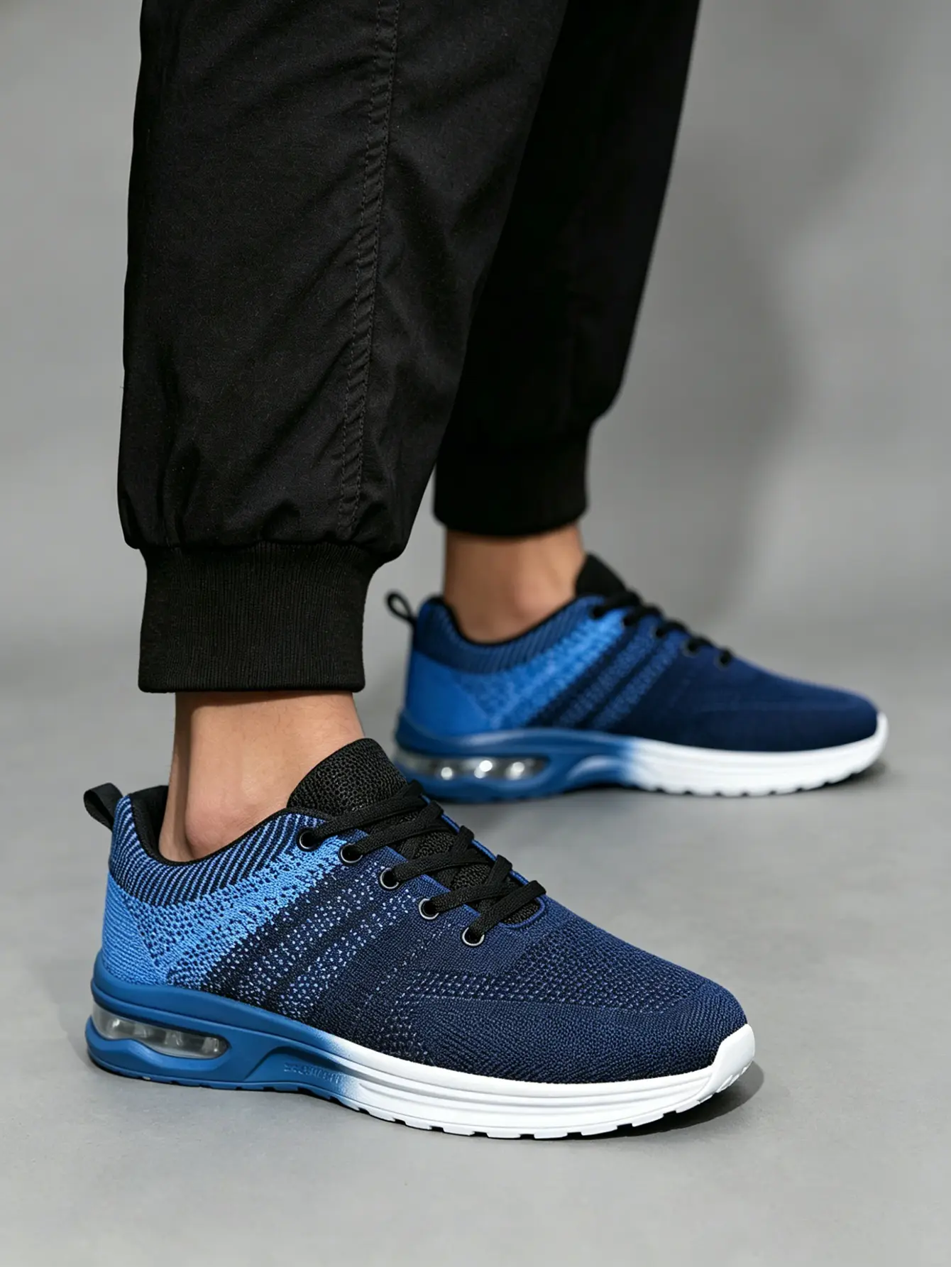 Men's Sporty Chic Gradient Fly-Knit Sneakers, Lightweight Air Cushion Athletic Trainers with Anti-Slip Sole for Walking and Running, Customizable Laces
