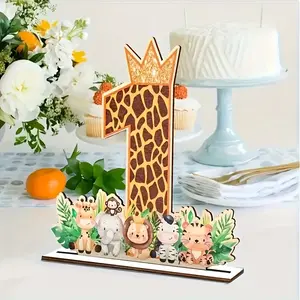 1st Birthday Jungle Adventure Theme Decorative Wooden Giraffe, Fun Forest Animals and Crown, Perfect for Teenage Parties and Celebrations, Party Decoration Supplies
