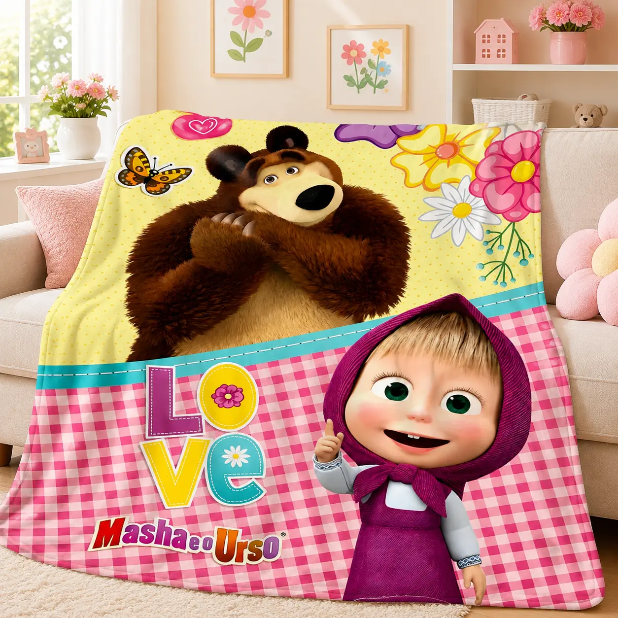 Masha and the vBear Blanket Cartoon Throw Blanket Cozy Nap Blanket for Kids Adults Bedroom Sofa Couch Travel Home Decor Cute Character Blanket Multi Size Movie Night Snuggle Blanket Birthday Christmas Holiday Gift TikTok Trending Blanket