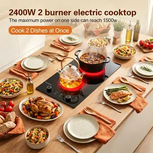 BAMUSEN Dual Burners Corded Electric Cooktop - Portable & Built-In, Sensor Touch Controls, 10 Power Levels, 9 Temperature Levels, 99-Minute Setting, Safety Lock, High & Low Voltage Warning, Over-Temperature Protection for Kitchen Use