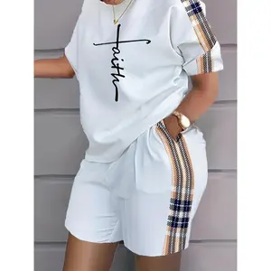 Plaid Print Splicing Two-piece Set, Faith Print Short Sleeve Tops & Pocket Shorts Outfits, Women's Clothing Womenswear Knit