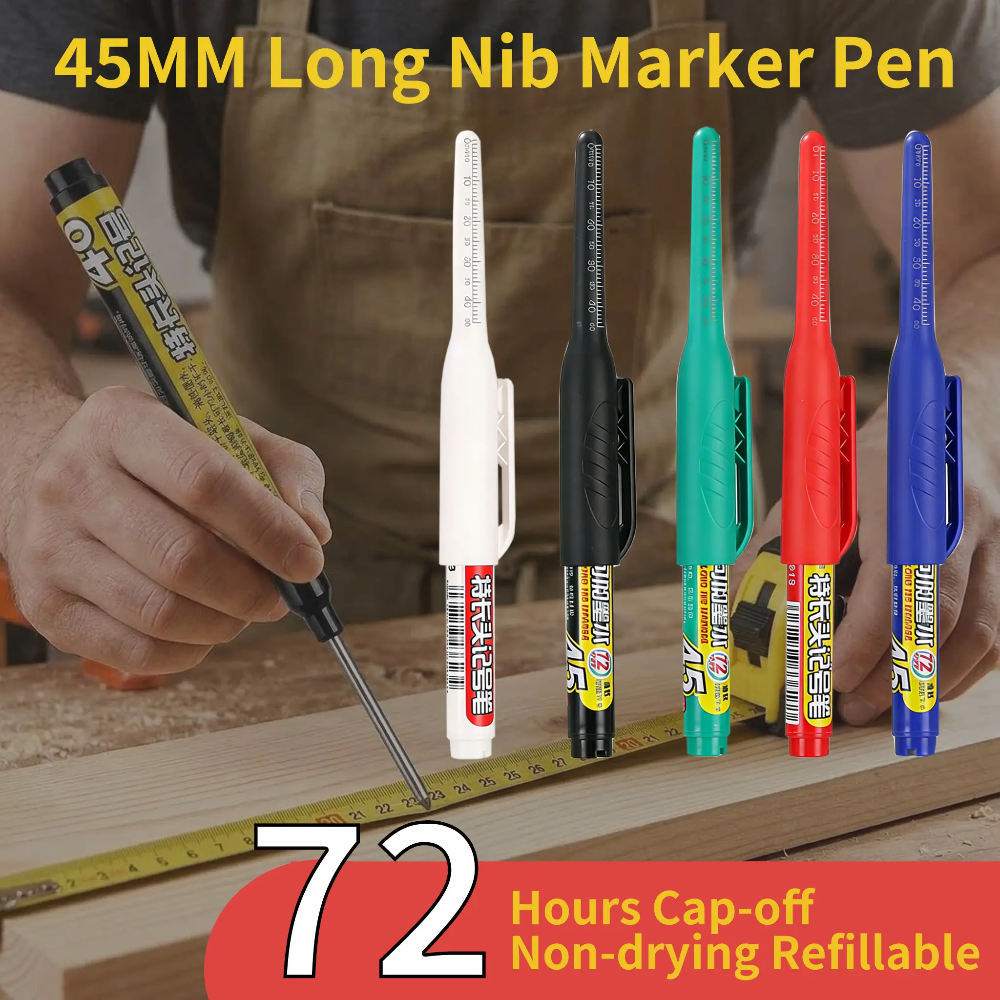 Long Nib Marker, 45 mm Long Head Deep Hole Marker Pens, Fine Nose Tip Deep Reach Permanent Paint Markers for Metal, Marking Pen for Drilling, Carpenter, Woodworking, Construction (Colorful)