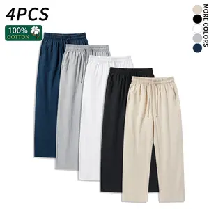 4 Pieces 100% Cotton Linen Pants for Men & Women, Summer Casual Elastic Waist Drawstring Wide Leg Breathable Pants
