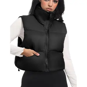 Cropped Puffer Vest Women 2024 Winter Puffy Vest with Pockets Lightweight Stand Collar Zip Up Sleeveless Jacket Comfortable Outfit Womenswear Chic