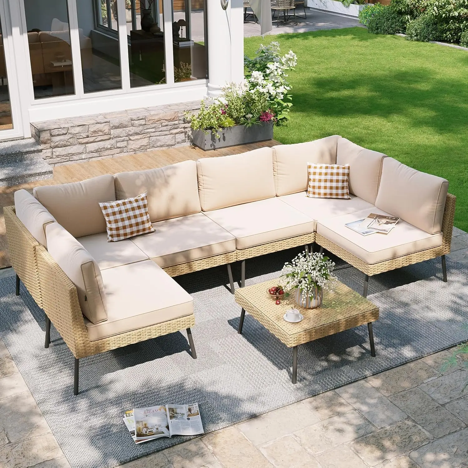 Aoxun 5/6/7/8-Piece Wicker Outdoor Sectional Sofa Set - Patio Outdoor Furniture with Water-Resistant Thick Cushions and Coffee Table for Backyard, Poolside, Beige, Outdoor Furniture Set, Patio Furniture Set
