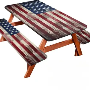 Picnic Table Cover with Bench Cover 3 Piece Camping Essentials, Form-Fitting Camping Tablecloth Waterproof and Oil Resistant with Elastic Edges for Indoor and Outdoor Patio and Holiday Party Decorations, Vintage American Flag 72 Inch