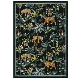 9x12 ft Polyester Imitation Cashmere Black Rectangular Area Rug, Foldable, Washable, Modern Jungle Tiger Leopard Printed, Suitable for Hallway, Home & Office Spaces