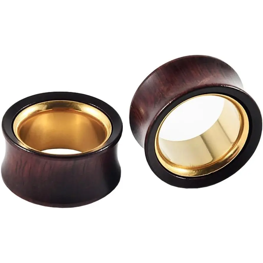 2PCS Hollow Gold Stainless Steel/Sandalwood Two Tone Ear Tunnels Plugs Double Flared Expander Ear Gauges Stretched Body Jewelry