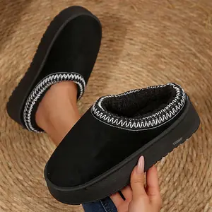 Women's Mini Snow Boots Trendy Decorative Stitch Trim Platform Slippers Fleece Lined Comfy Warm Casual Footwear Indoor Outdoor Shoes
