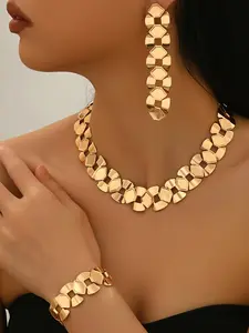 Vintage Geometric Hexagon Chain Design Set, 3 Piece Exaggerated Boho Influence Jewelry Collection, Perfect for Daily Wear & Holiday Gifts, Elegant Jewelry Set