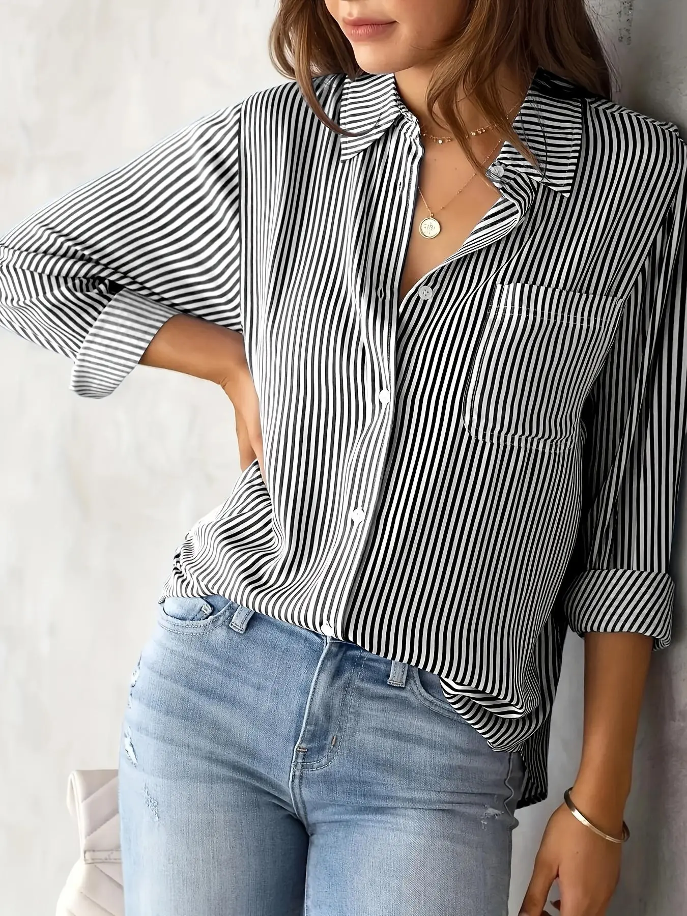 Women's Striped Print Button Front Woven Shirt, Casual Classy Elegant Long Sleeve Pocket Collared Blouse Top for Daily Wear, Summer Outfits 2024, Ladies Clothes for All Seasons, National Day Clothing