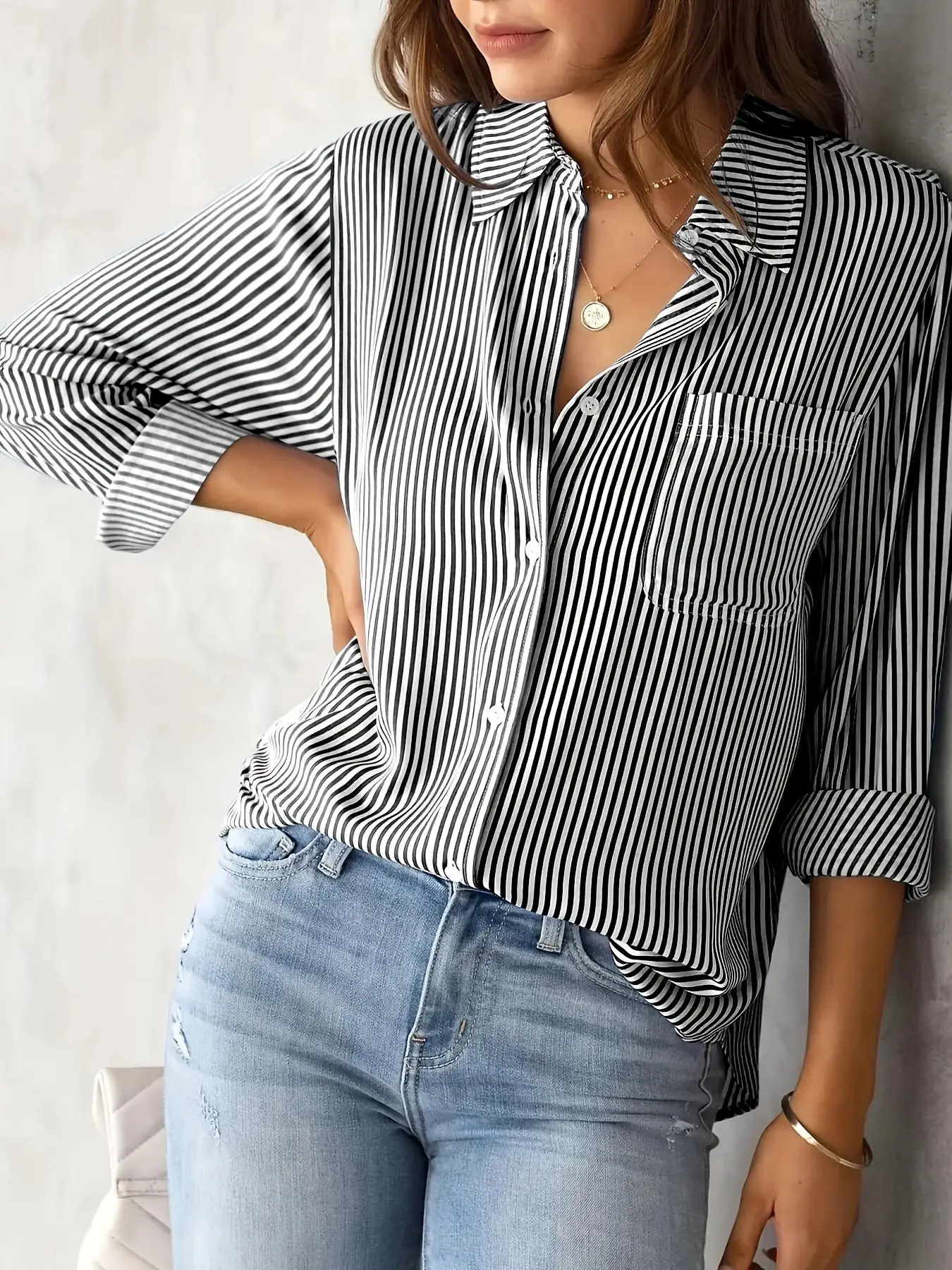 Women's Striped Print Button Front Shirt, Casual Longsleeves Pocket Collared Top for Daily Wear, Summer Tops, Clothes for Women, Going Out Tops, Ladie