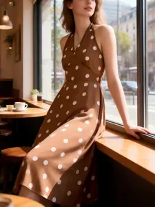 Women's Summer Polka Dot A-Line Elegant Dress, Vintage Caramel Spaghetti Strap Sexy Dress, Perfect for Date Valentine's Day Vacation Gift