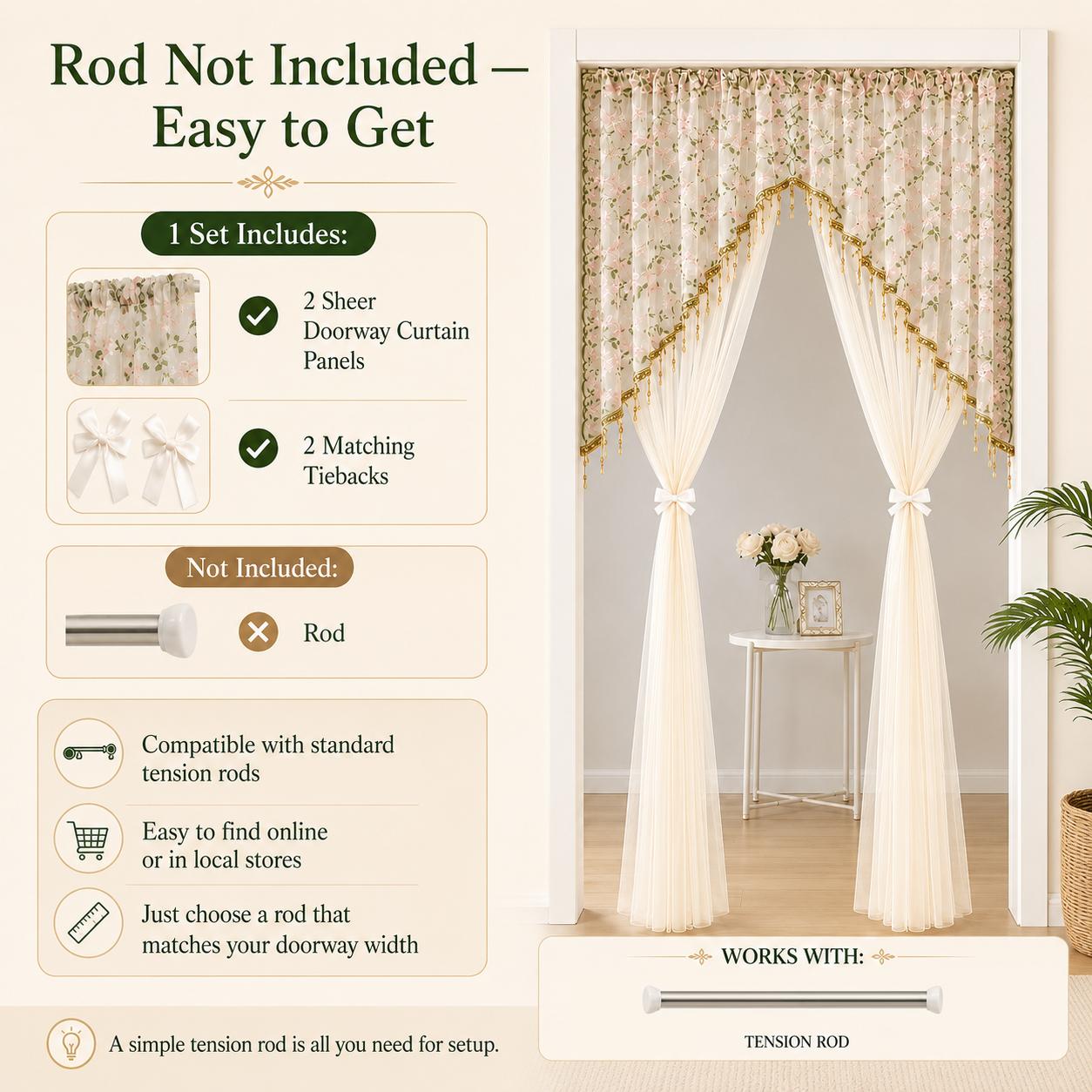 Sheer Floral Doorway Curtain, Elegant Lace Door Curtain with Tassel Trim, Privacy Room Divider for Bedroom, Closet, Kitchen & Apartment