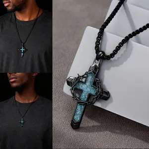 [MANA] Retro Thorn Wreath Cross Turquoise Pendant Necklace Gothic 3D Thorn Handmade Chic Wreath Stainless Steel Chunky Chain Festivals, Birthdays, and Special Occasions Party Jewelry Valentine's Day Gift Holiday Wear Accessories